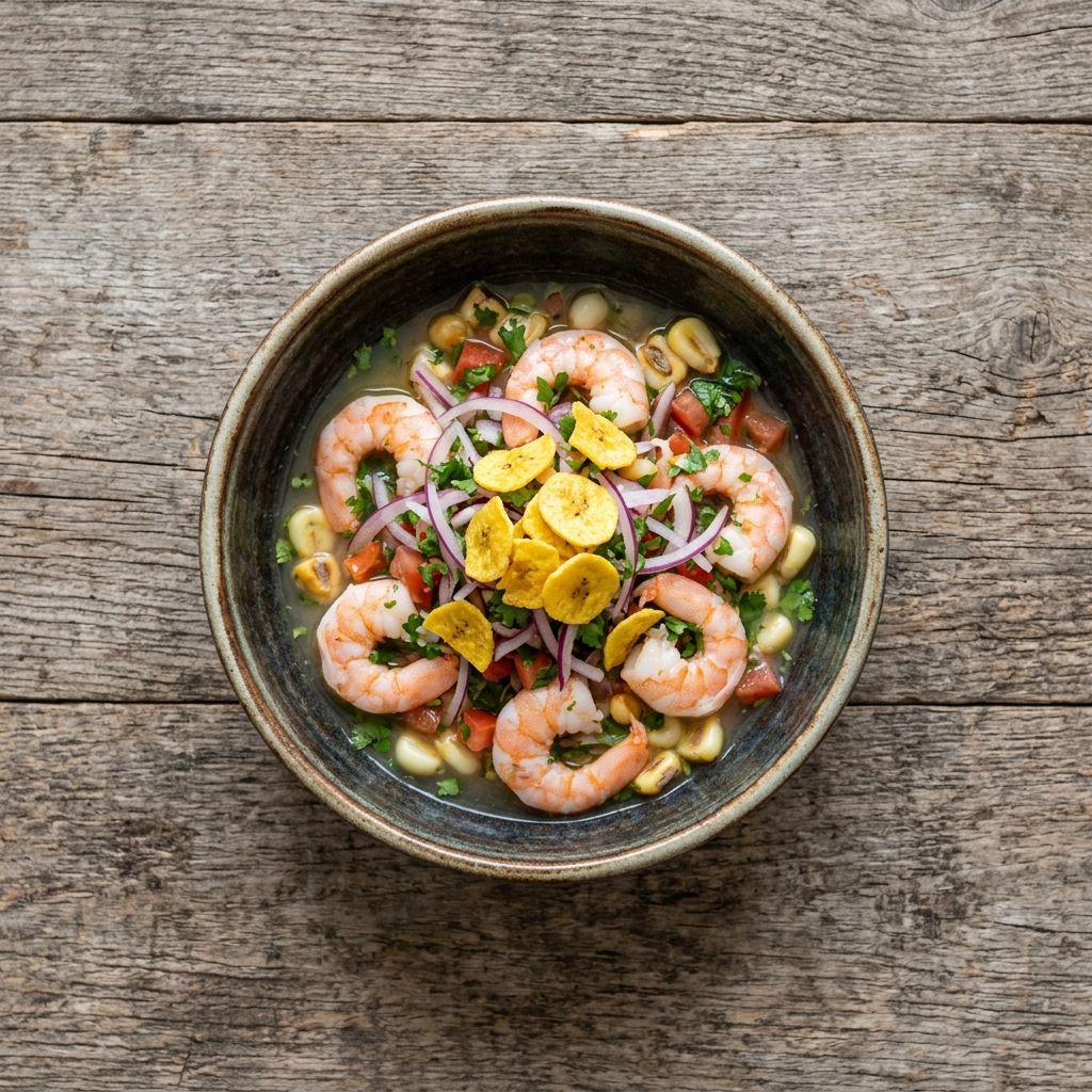 Ceviche de Camarón con Maíz Tostado y chifles de verde