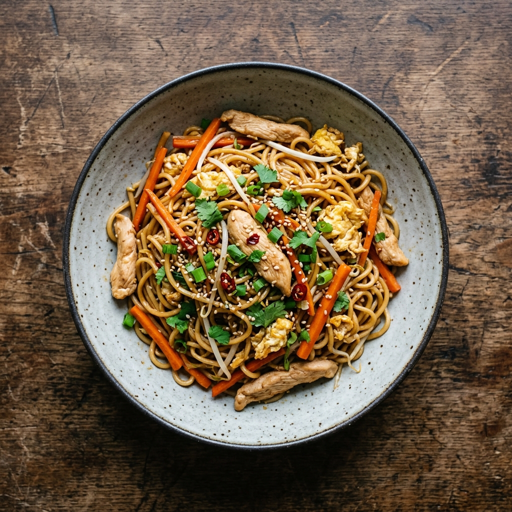 Gebratene Asia Nudeln mit Hähnchen