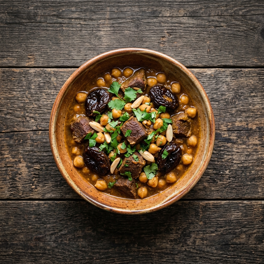 Hirsch-Tajine mit Kichererbsen und Backpflaumen