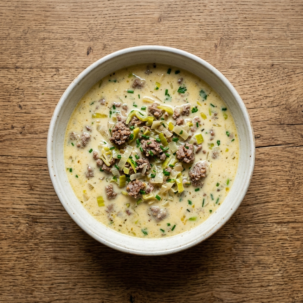 Käse-Lauch-Suppe mit Hackfleisch