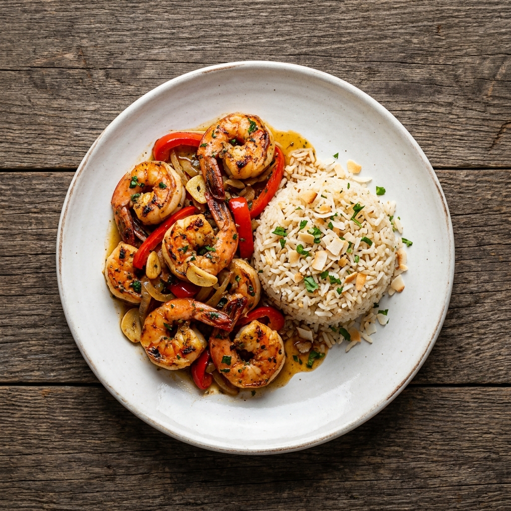 Kubanisch sautierte Garnelen mit Kokosnuss-Reis