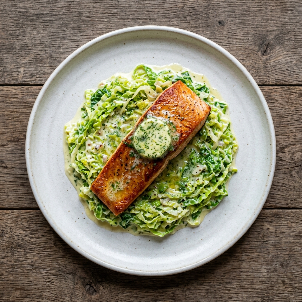 Lachsfilet mit Rahmwirsing und Café-de-Paris-Butter