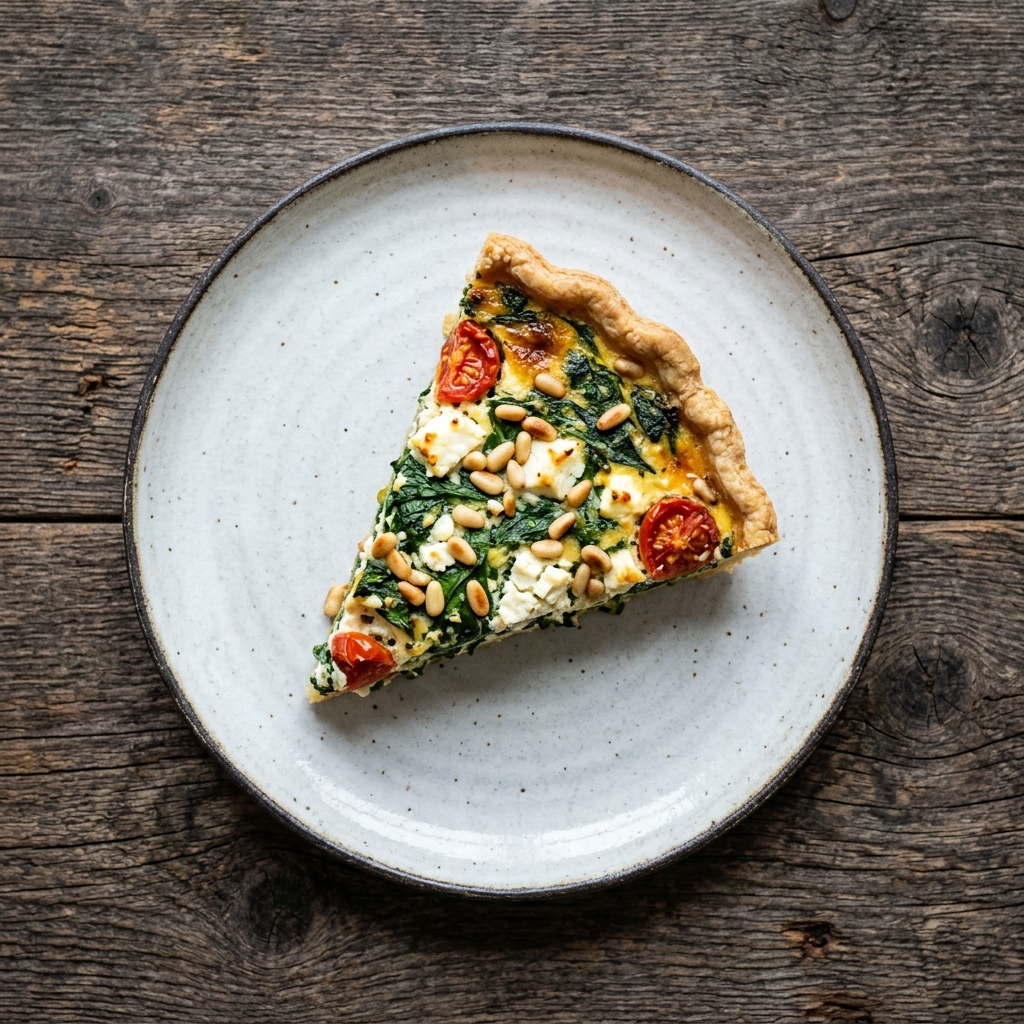 Quiche mit Spinat, Feta, Tomaten und Pinienkernen
